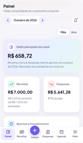 Painel do Nexo a Dois no celular: visão consolidada do orçamento conjunto de outubro de 2026, saldo planejado do casal de R$ 658,72, receitas de R$ 7.000,00, despesas de R$ 5.641,28 e aportes e investimentos