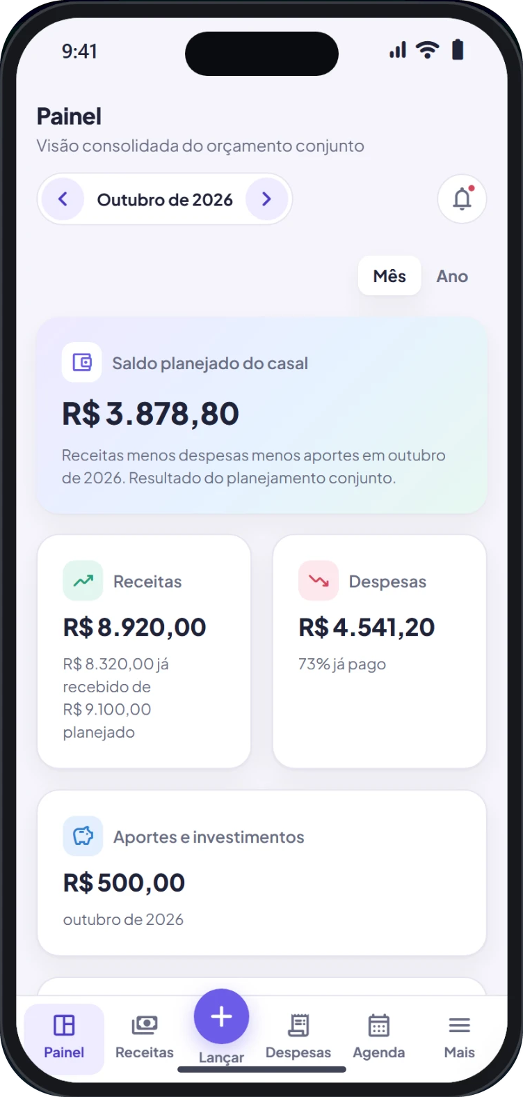 Painel do Nexo a Dois no celular: visão consolidada do orçamento conjunto de outubro de 2026, com saldo planejado do casal, receitas, despesas e aportes