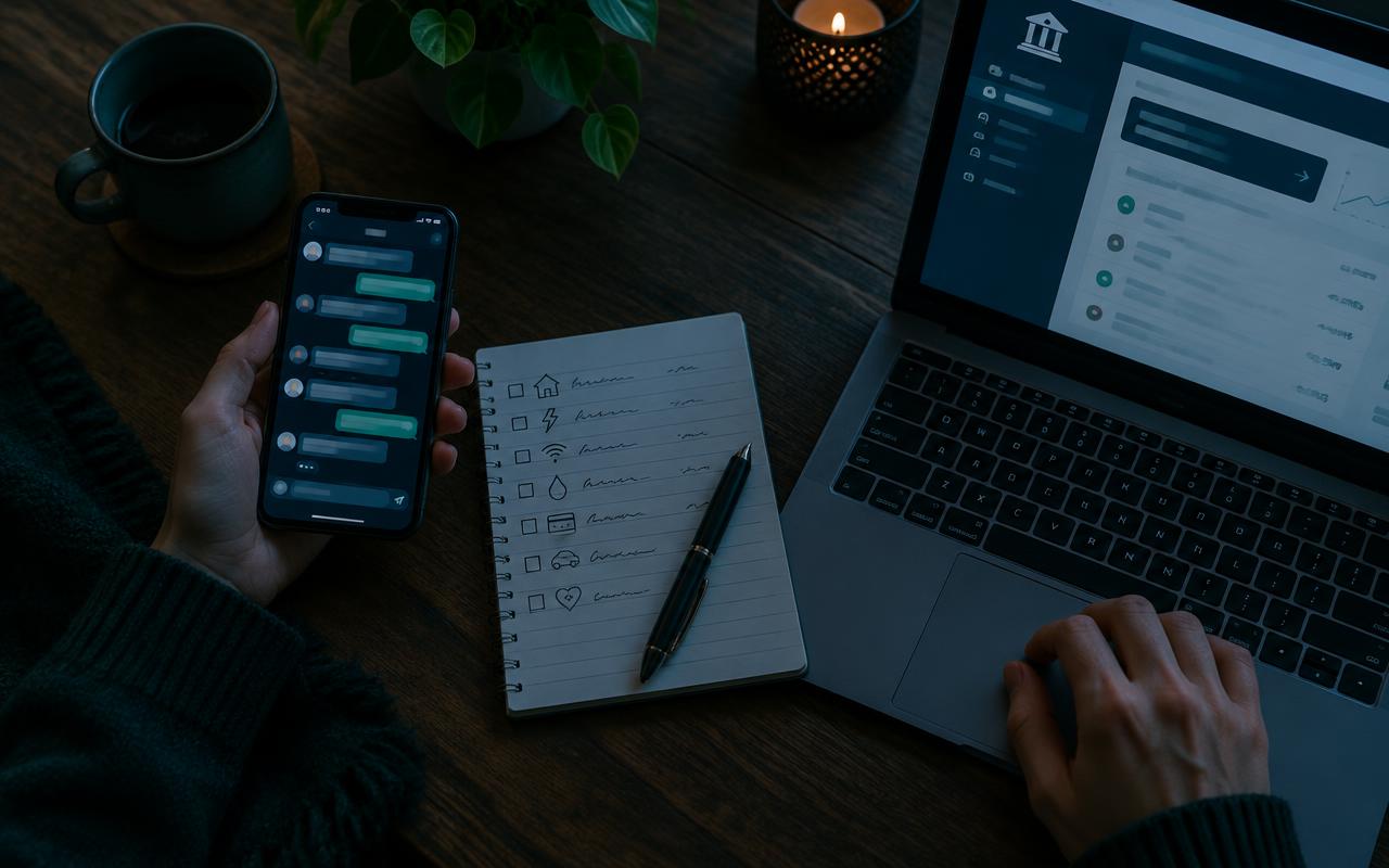 Mãos conferindo mensagens no celular, um bloco de notas com contas e o banco aberto no notebook